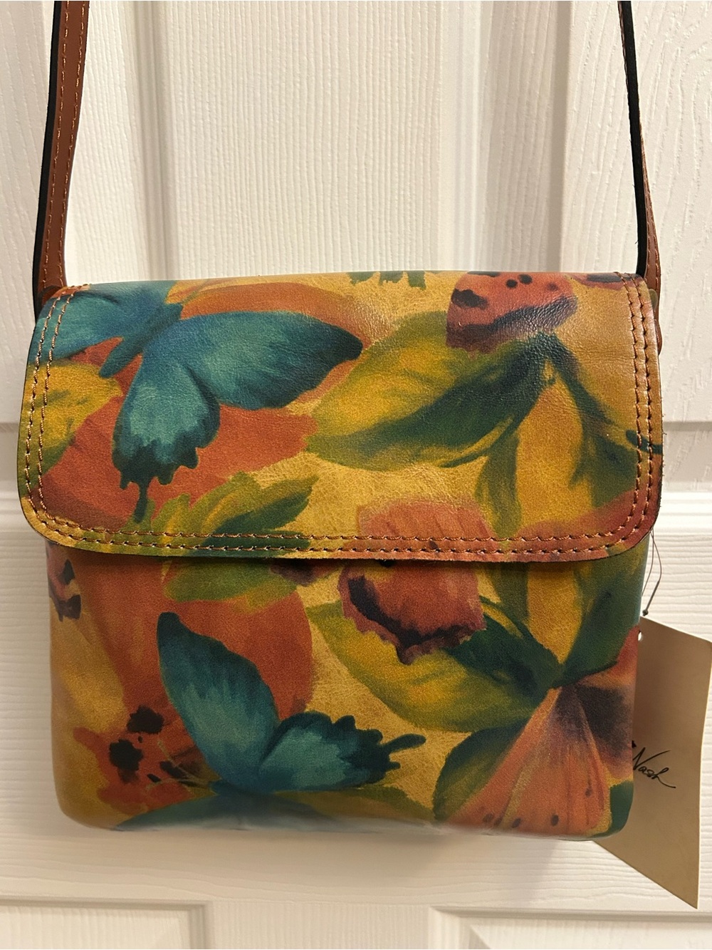 Patricia Nash Multicolor Floral & Butterfly Leather Crossbody Bag